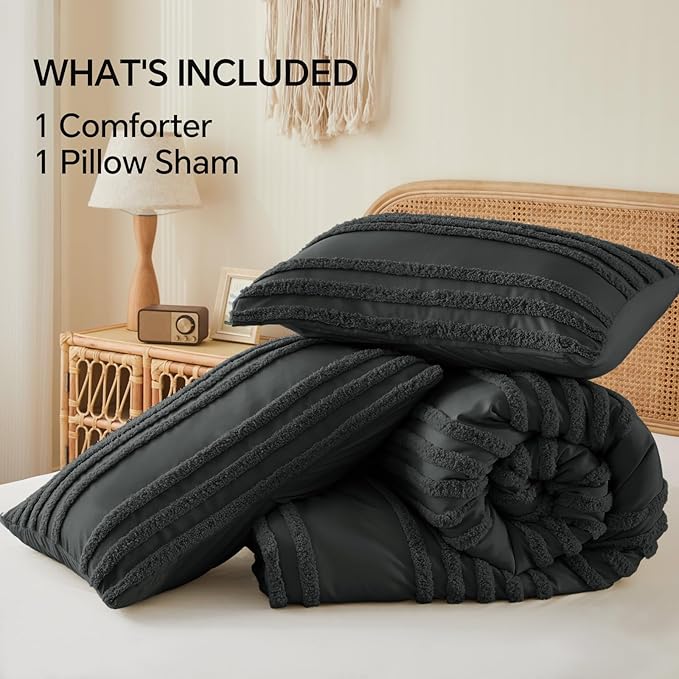 BEDELITE Boho Twin/Twin XL Comforter Set，Dark Grey Tufted Striped Bed Set 2 Pieces, Soft Vintage Farmhouse Comforter for College, Boho Home Dorm Decor, Fluffy Jacquard Bedding with 1 Pillow Sham