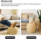 Round Bohemian Rattan Ottoman, Handwoven Seagrass Pouf Chair for Living Room Bedroom Patio Garden (12.2"x12.2"x16.5")