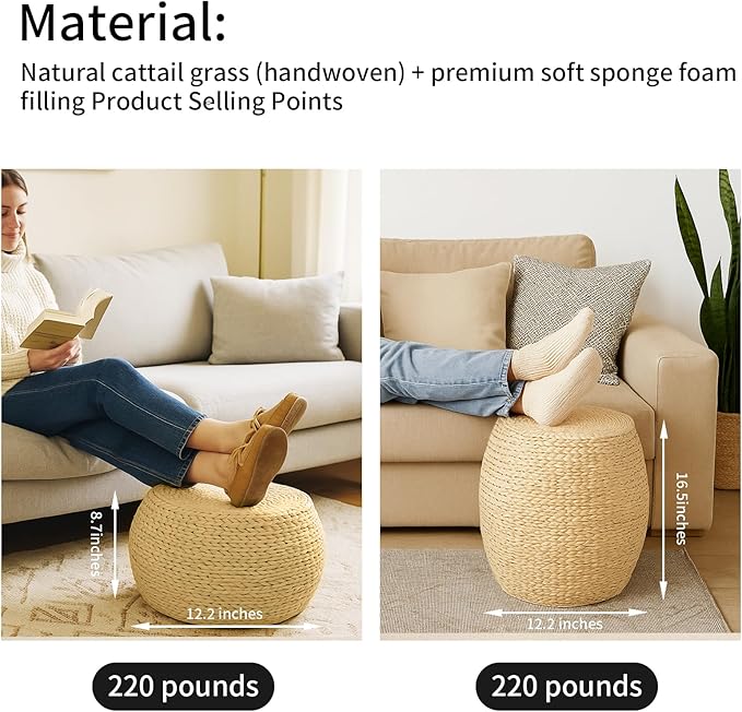 Round Bohemian Rattan Ottoman, Handwoven Seagrass Pouf Chair for Living Room Bedroom Patio Garden (12.2"x12.2"x16.5")