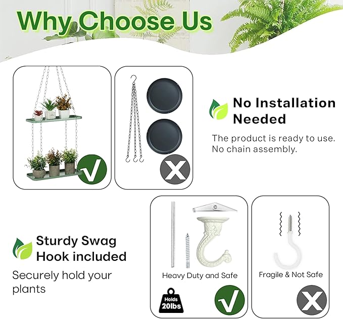 Shinehola Hanging Planters for Indoor Outdoor Plants (Length - 15.5"), Plant Hanger Indoor | Large Metal Hanging Plant Holder, 2-Tier Hanging Planter Shelf, No Plant/Pot Included (Green, 2-Tier)