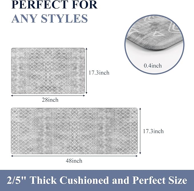 HEBE Anti Fatigue Kitchen Mat Set of 2 Non Slip Cushioned Kitchen Mats for Floor Waterproof Farmhouse Kitchen Rugs and Mats Set Comfort Standing Desk Mat Carpet for Sink,Office,Laundry
