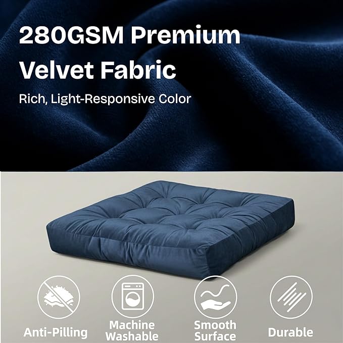 Meditation Floor Pillow Set of 2, Large Velvet Floor Pillows for Sitting, Tufted Floor Seating Cushions for Adults, Big Pillows for Yoga & Living Room, 22x22 Inch, Navy