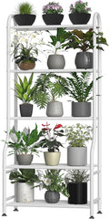 5-Tier Metal Plant Stand - Heavy Duty Indoor Outdoor Flower Shelf for Multiple Pots, 65" Tall Vertical Holder with Adjustable Leveling Feet & Wall-Fixing Kits, White