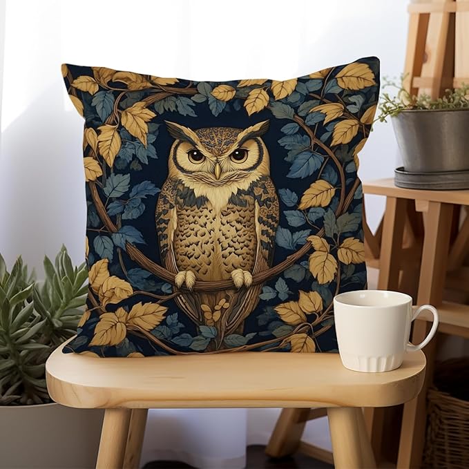 YOU FOUND ME William Morris Abstract Vintage Floral Velvet Owl Design Throw Pillow Covers Home Decor, Retro Art Decor Pillowcase Cushion Cover for Bed Sofa Living Room, Square 18x18inch (Owl)