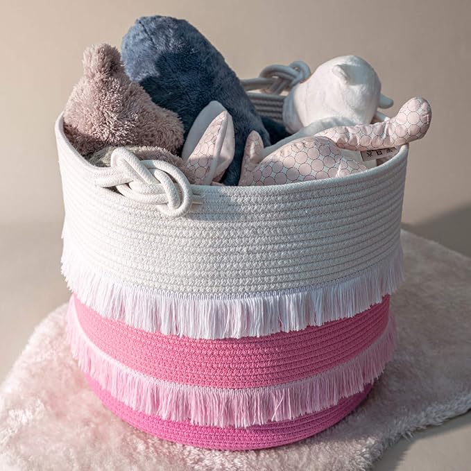 CherryNow Large Rope Basket – 16''x13'' Pink Decorative Woven Basket for Toys, Blankets, or Laundry, Cute Tassel Decor for Baby & Girl - Home Storage Container