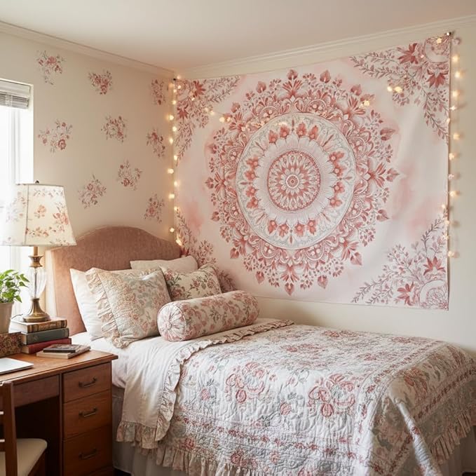 Accnicc Pink Floral Mandala Tapestry Wall Hanging Boho Medallion Tapestry Aesthetic Watercolor Flower Cute Small Tapestries for Bedroom Living Room Dorm Decor 48 x 36 Inch