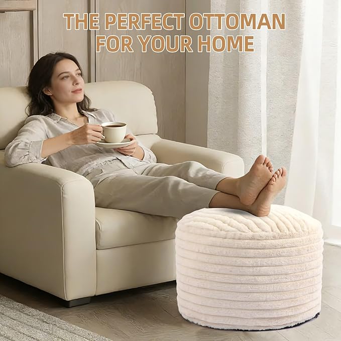 Round Stuffed Pouf Ottoman Foot Rest for Couch Round Ottoman with Foam Chunk Filling Stripe Faux Fur Ottomans for Living Room Floor (20"x15",Beige)