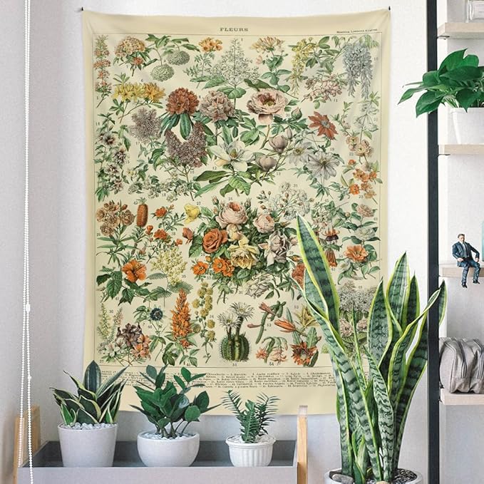 Vintage Flowers Tapestry 48”x36”, Long Vertical Wall Hanging Reference Illustrative Botanical Tapestries for Bedroom Aesthetic Floral Tapistry Botanical Plants Tapestry Wall Hanging Cute Bedroom Decor