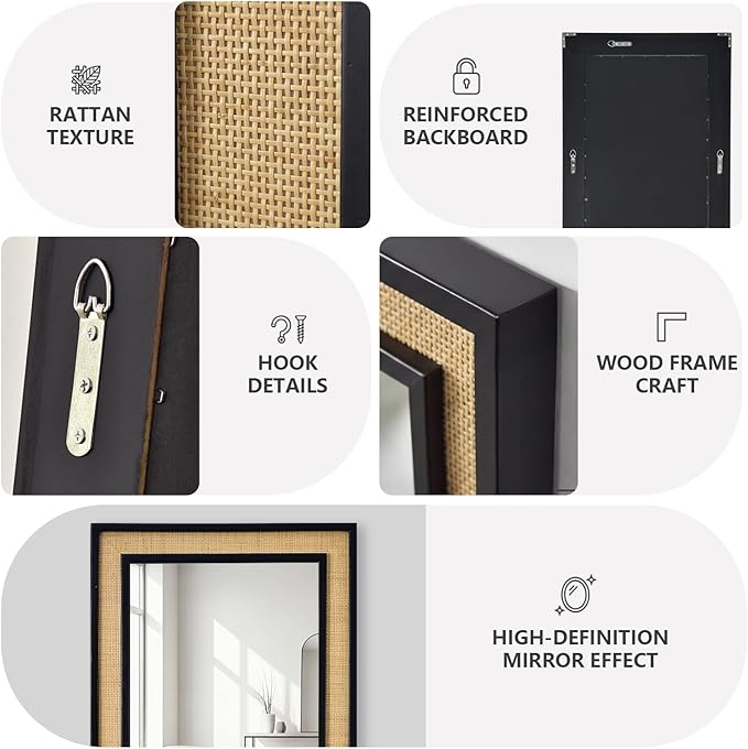 Rectangle Rattan Mirror, 24"x32" Rattan Wall Mirror for Bathroom, Large Farmhouse Wooden Mirror with Handmade Wicker Frame, Decorative Boho Mirror for Nursery Bedroom Living Room Entryway Black