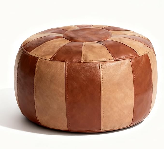 Thgonwid Unstuffed Moroccan Storage Pouf Foot Stool Ottoman Seat Handmade Faux Leather Bean Bag Floor Chair Foot Rest for Living Room, Bedroom or Balcony (Brown & Khaki)