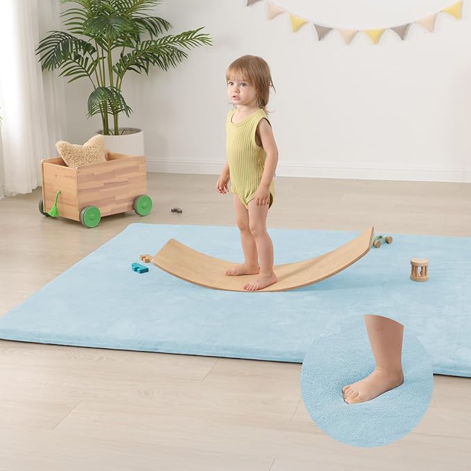 Baby Play Mat for Floor,Extra Large 59"×71" Playpen Mat for Tummy Time,Thicker Padded Elasti Foam Activity Mats,Water Repellent Ultra Soft Velvet,Non-Slip Backing Safe（Light Blue）