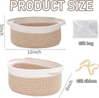 Woven Basket,Small Rope Storage Bin with Handles & Ribbon Bag, Organizer for Shelves Closets,Gift Basket Empty for Birthday,Books,Dog Toys, White&Brown Block/3 Pack