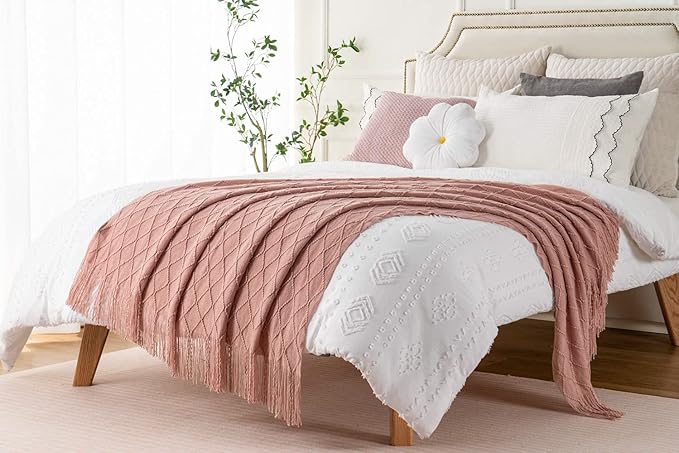 BATTILO HOME Blush Throw Blanket with Tassels, Pink Knit Blanket for Home Decor, Boho Style Textured Knitted Decorative Twin Blanket for Couch, Sofa &Bed, 52"x80"