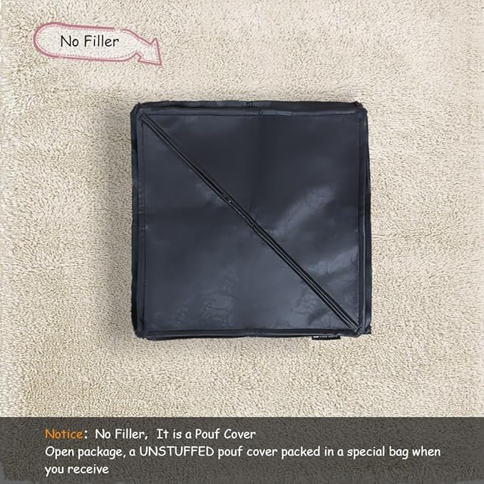 Louis Donné Square Unstuffed Pouf Ottoman Cover - Waterproof Faux Leather Footstool for Living Room, Modern Black Floor Cushion with Storage, Easy Clean, 18 Inch (Cover Only)