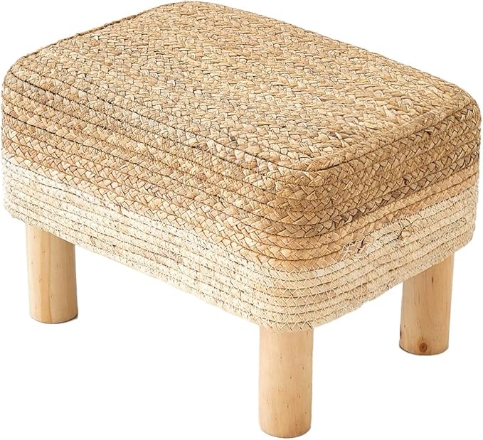 Ottoman Foot Stool Rectangular Footrest Natural Seagrass Footstool with Wooden Legs Hand Weave Multifunctional Modern Dressing Stool, Sofa Side Table for Bedroom for Living Room (White)
