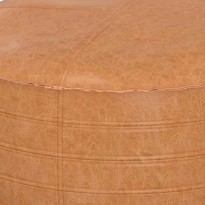 SIMPLIHOME Brody Round Coffee Table Pouf - 32 inch Wide Upholstered Vegan Leather Ottoman in Distressed Brown, Boho Footstool or Extra Seating for Living Room with Polystyrene Filling, Assembled