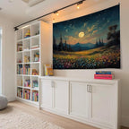 Moonlit Wildflower Forest Tapestry, Colorful Night Landscape Wall Tapestry Backdrop, Oil Painting Style Nature Scene Hanging Decor for Bedroom,Dorm, Studio and Aesthetic Home Space (Green-Moom)