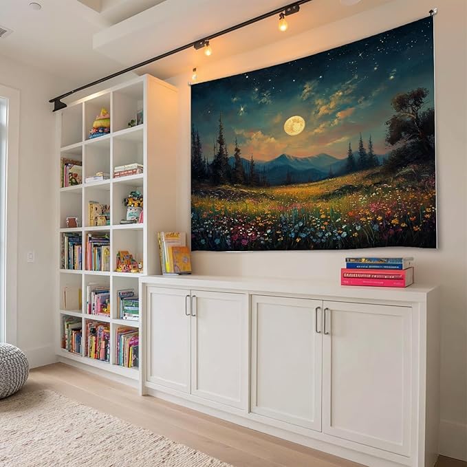 Moonlit Wildflower Forest Tapestry, Colorful Night Landscape Wall Tapestry Backdrop, Oil Painting Style Nature Scene Hanging Decor for Bedroom,Dorm, Studio and Aesthetic Home Space (Green-Moom)