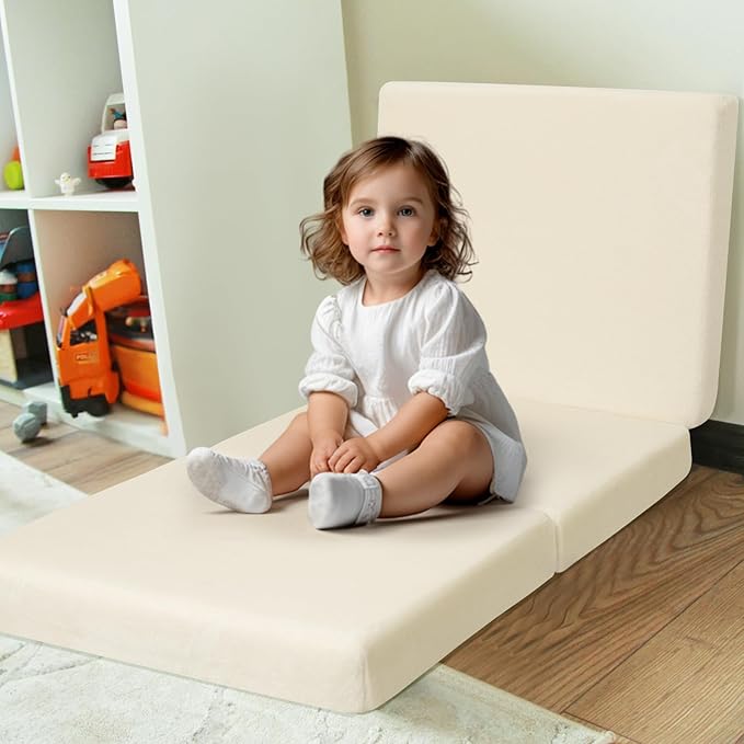 MeMoreCool Foldable Floor Cushion Kids Trifold Play Mat, Kids Folding Seat Pad Portable Lounger, 57x22 Inch Beige