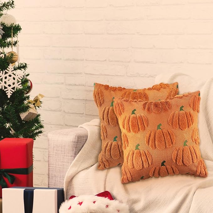 Fall Pumpkin Decorative Throw Pillow Covers 24x24 Set of 2 Pillow Covers, Faux Fur Square Pillow Cover Fluffy Plush Accent Throw Pillow Case, Throw Pillow Cover Cushion Cover for Autumn