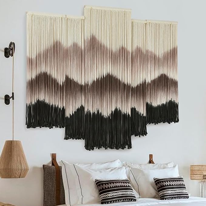 Large Macrame Wall Hanging Mountain Handmade Brown Dip-Dyed Boho Wall Decor 5Pcs Art Wall Decor for Bedroom Living Room Fiber Art Tapestry