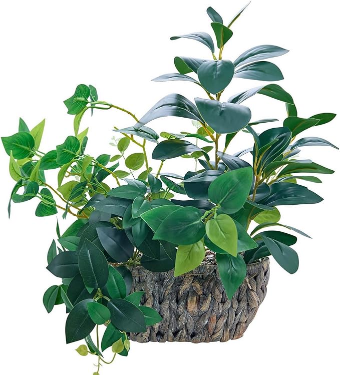 AlphaAcc 17" Fake Plants Potted Mixed Ficus Pothos Eucalyptus Arrangement with Oval Rattan Woven Basket Planter Realistic Faux Greenery Artificial Plants for Living Room Bedroom Kitchen Office Decor