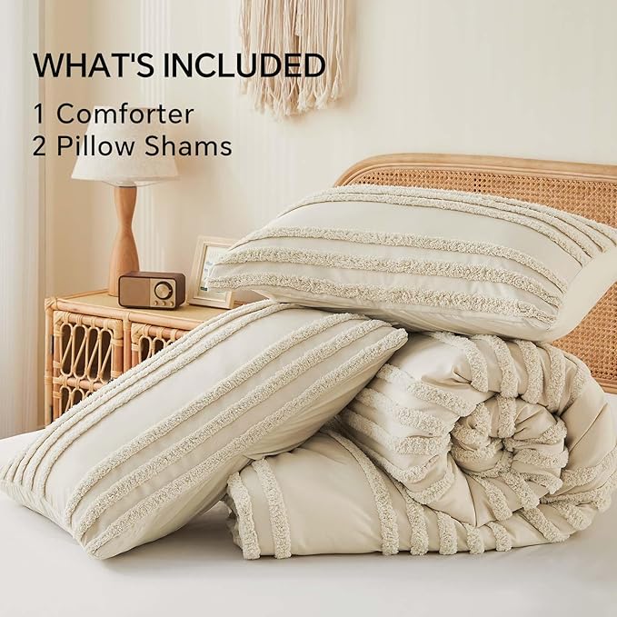 BEDELITE Boho King Size Comforter Set - Beige Tufted Striped Bed Set 3 Pieces, Soft Vintage Farmhouse Comforter for All Seasons, Boho Home Decor,Fluffy Jacquard Bedding with Pillow Sham