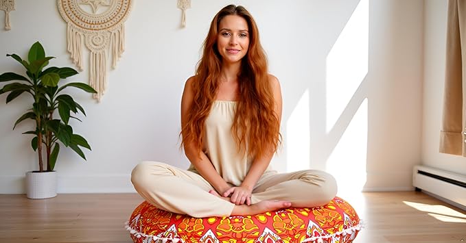 CRAFT KALA 22" Mandala Meditation Floor Pillows Cover Pouf Cover Round Seating Bohemian Mandala Cotton Floor Cushion Cover Outdoor Fireplace Seating Living Room Yoga Room Home Décor (Orange Flower)
