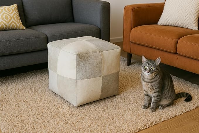 Unstuffed Premium Hair-on Leather Ottoman Pouf Cover, Boho Handmade Genuine Cowhide Square Footstool, Modern Cube Ottoman Footrest for Home Decor Living Room, Bedroom - 18X18 Inch, Grey