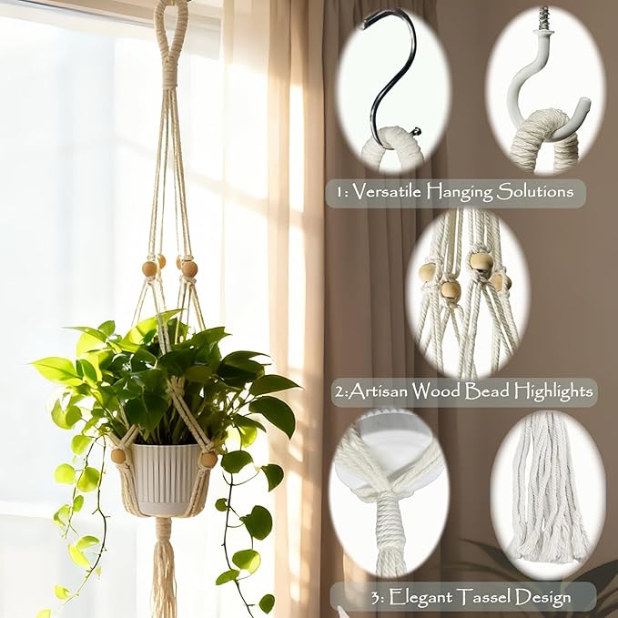 2-Pack Macrame Plant Hangers with Tassel, 35 Inch Boho Hanging Planters with 4 Hooks for Indoor, Handwoven Cotton Rope Holder for Home Decor (No Pot Included)