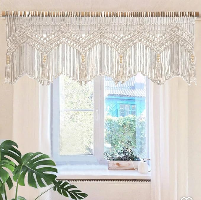 Macrame Doorway Curtains Wall Hanging Window Curtain Panels Closet Room Divider Boho Wedding Decor Backdrop Macrame Valance Boho Kitchen Valance (Ivory White, 52''W x 21.6''H)