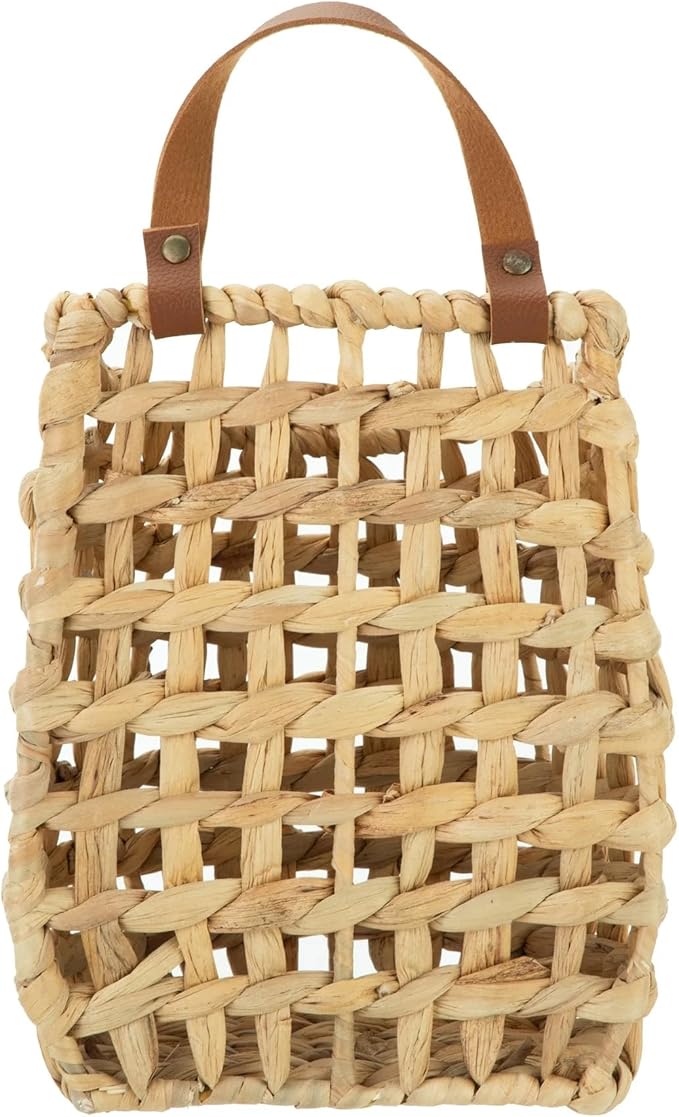 Water Hyacinth Hanging Basket with Faux Leather Strap - Handwoven Boho Wall Basket for Plant Flower Storage Home Decor (1)
