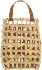 Water Hyacinth Hanging Basket with Faux Leather Strap - Handwoven Boho Wall Basket for Plant Flower Storage Home Decor (1)
