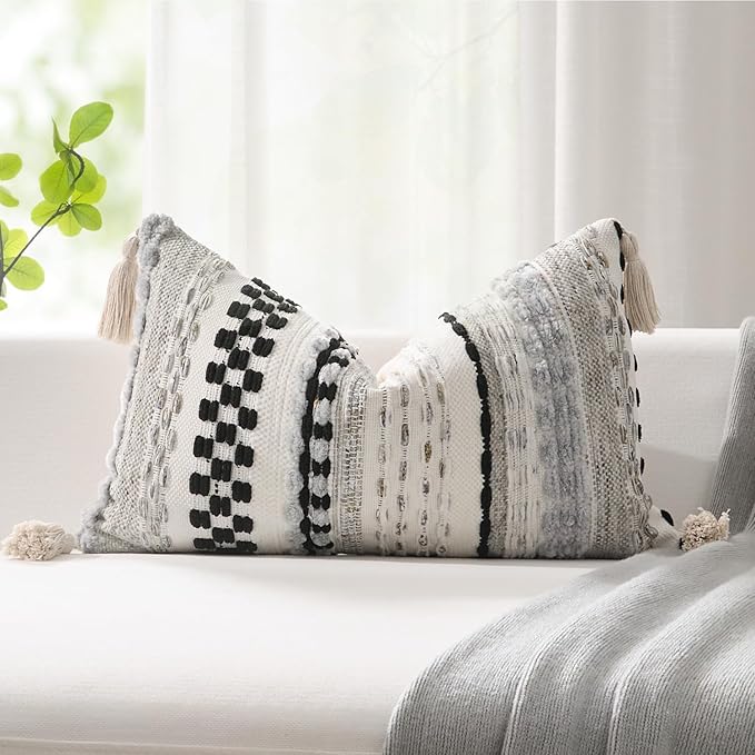 Kevin Textile Spring 12x24 Inch Lumbar Throw Pillow Cover 1 Pack Boho Decorative Soft Chenille Thread Woven Tufted Textured Rectangle Cushion Case Accent for Living Room Couch Sofa Bed, Black