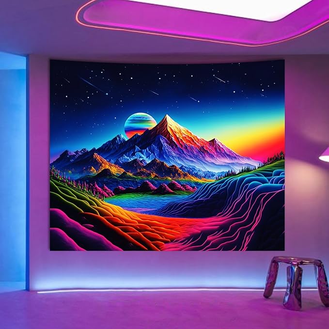 Apdidl Extra Large Blacklight Posters Space Mountain Tapestry for Bedroom, UV Reactive Sun Nature Tapestries Wall Hanging, Colorful Starry Sunrise Tapestry Aesthetic for Living Room Dorm (71" X 90")