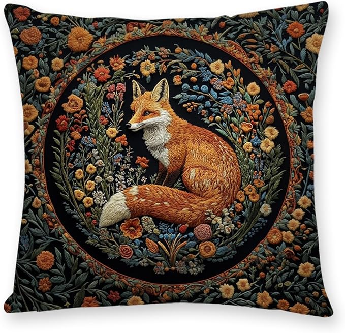 YOU FOUND ME William Morris Abstract Vintage Floral Velvet Fox Design Throw Pillow Covers Home Decor, Retro Art Decor Pillowcase Cushion Cover for Bed Sofa Living Room, Square 18x18inch (Fox)