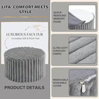 LITA Round Stuffed Pouf Ottoman, Corduroy Poufs with High-Density Foam Filling and Washable Cover, Furry and Fluffy Bean Bag Foot Stools Ottoman for Living Room, Bedroom, Office, Grey, Round