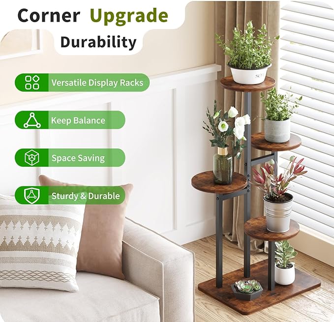 4 Tier Plant Stand Indoor, Tiered Plant Stands for Indoor Plants Multiple, Corner Flower Stand for Living Room, Multi-Layer Vintage Design Plant Shelf