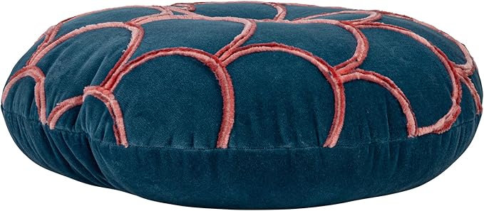 18 Inches Round Cotton Pillow with Tufted Scallop Pattern, Navy Blue and Pink