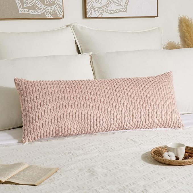 Kevin Textile Valentines 14x36 Inch Long Lumbar 1 Pack Boho Decorative Throw Pillow Cover Soft Striped Corduroy Rectangle Cushion Case Farmhouse Accent for Living Room Couch Sofa Bed, Light Pink