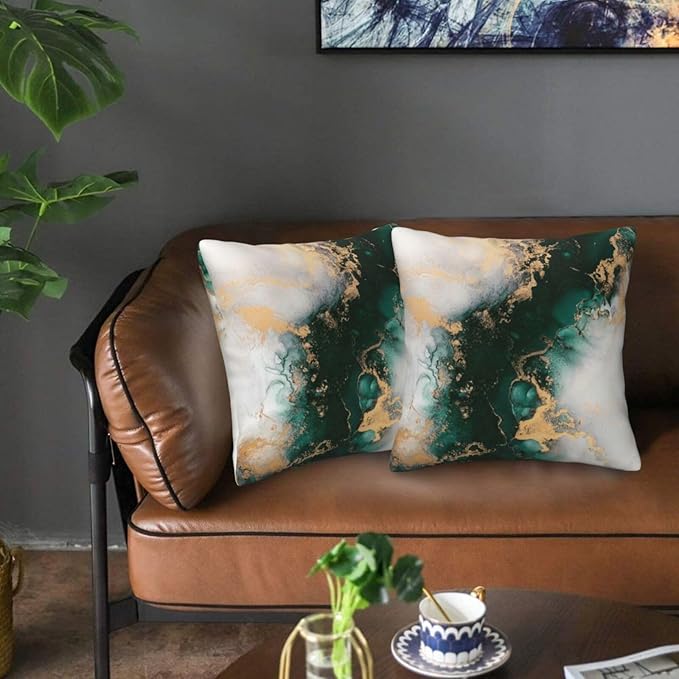 Emerald Green Gold Marble Pillow Covers 18x18 Set of 2, Green and Gold Modern Abstract Throw Pillow Covers Outdoor Decorative Pillow Case for Couch Bed Sofa Cushion Home Decor