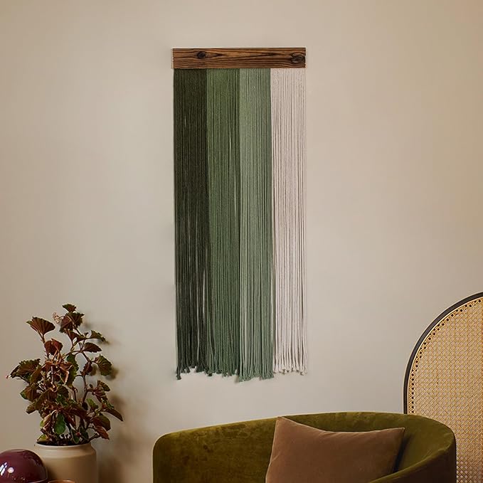 HVEST Green Macrame Wall Hanging Boho Wall Decor Green and Beige Yarn Wall Art for Living Room Bedroom Office Nursery Apartment Yoga Room Decor, 38.5L X 15.7W inches