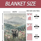 Highland Cow Flannel Blanket 50x60in,Watercolor Floral Cow in Meadow with Mountain Landscape,Soft Lightweight Throw for Cow Lovers,Women,Farmhouse,Rustic Home Decor Gifts Blankets