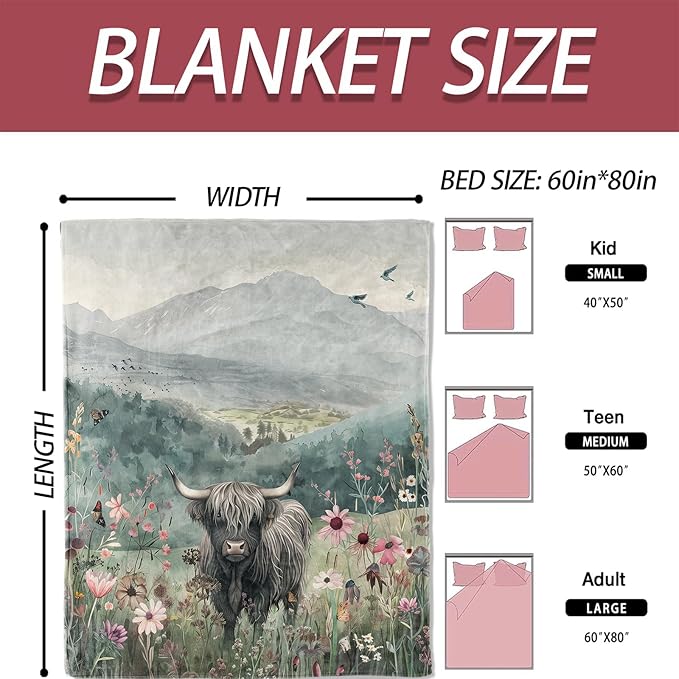 Highland Cow Flannel Blanket 50x60in,Watercolor Floral Cow in Meadow with Mountain Landscape,Soft Lightweight Throw for Cow Lovers,Women,Farmhouse,Rustic Home Decor Gifts Blankets