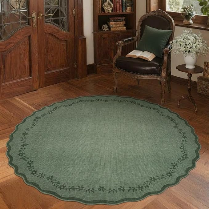 GarveeHome Round Area Rugs 6ft for Bedroom, Solid Dark Green Washable Circle Rug Soft Non Slip Floral Print Floor Mat Leaves Carpet Indoor Thin Rug for Living Room Dining Room Playroom Nursery