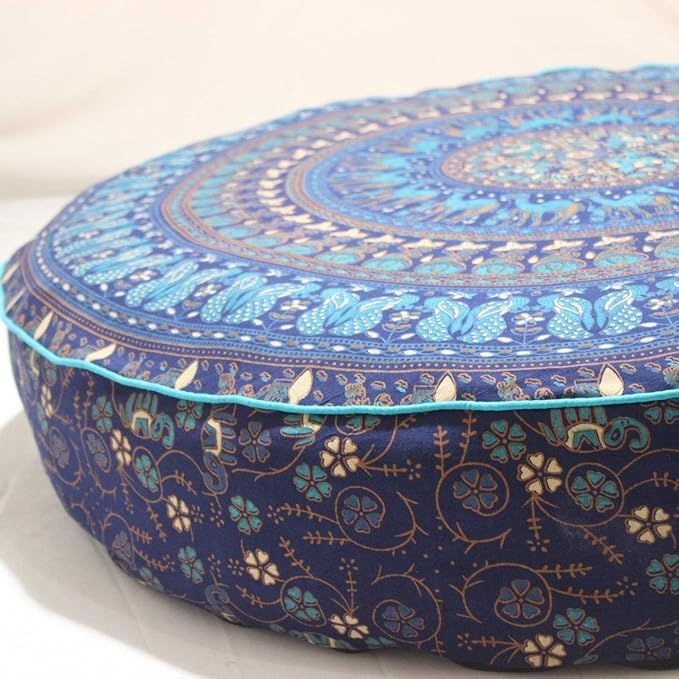 Indian Large Mandala Floor Pillow Comfortable Home Car Bed Sofa Large Mandala Floor Pillows Round Bohemian Meditation Cushion Cover Ottoman Pouf Cover Blue Color Round Pouf Cat Dog Bed