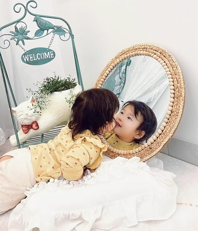 OYPEIP 20”Large Nature Rattan Boho Innovative Art Decoration Round Makeup Mirror Dressing Bedroom Bathroom Wall Mounted Hanging Mirrors Craft Photo Props…