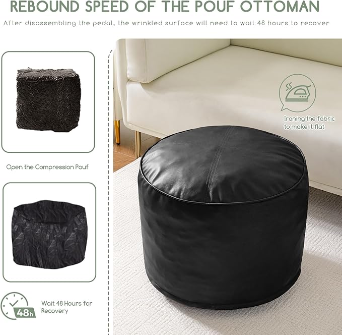 HIGOGOGO Round Stuffed Pouf Ottoman, Pu Leather Poufs with Foam Chunk Filling, Furry and Fluffy Pouf Foot Stool Storage Ottoman, 20 X 15 Floor Poufs Foot Rest for Living Room, Black