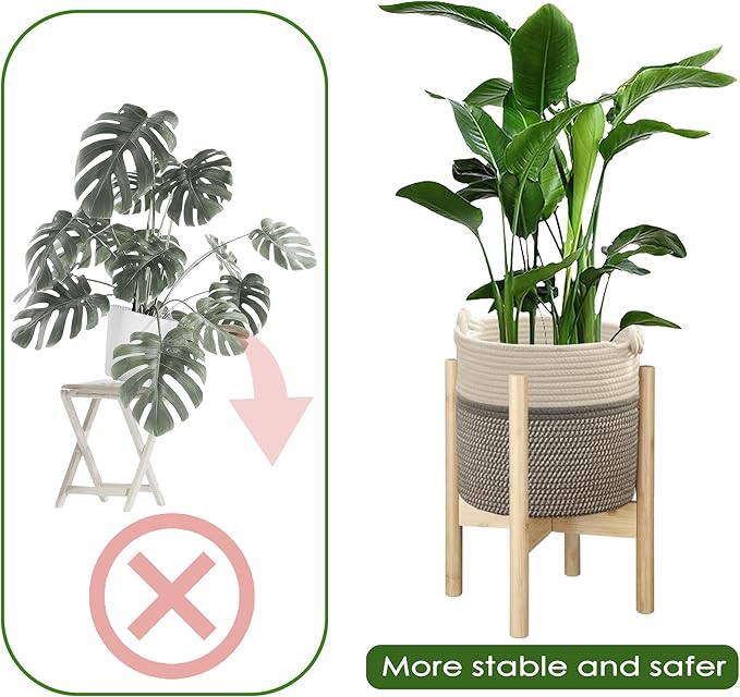 Flower Pot Rattan Plant Stand Planter with Stand, Tall Indoor Boho Woven Wicker Storage Basket with Adjustable Wood Shelf (White & Grey)