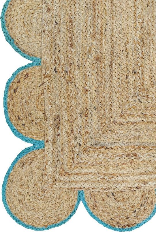 Weaving Cottage Scalloped Natural Jute Area Rug | Beige & Sky Blue, 2X3 FT Handwoven Jute Doormat | Eco-Friendly, Durable, and Stylish | Perfect for Living Room, Bedroom, and Entryway